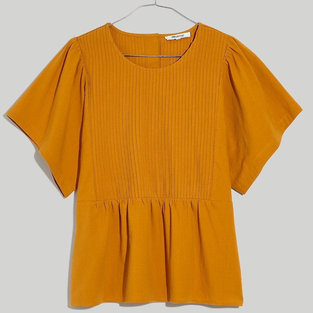 Madewell Pleated Flutter-Sleeve Top peplum hem gold NWT Medium